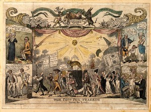 view An attack on smallpox vaccination and on the Royal College of Physicians' advocacy of it. Coloured etching by G. Cruikshank, 1812.