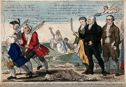 Jenner and his two colleagues seeing off three anti-vaccination opponents, the dead are littered at their feet. Coloured etching by I. Cruikshank, 1808.