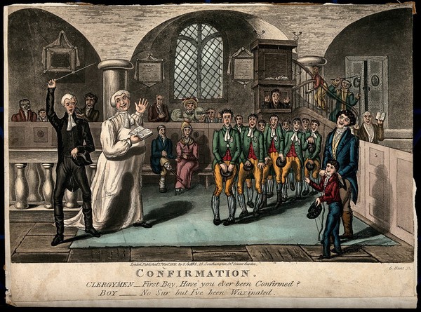 The confirmation ceremony for a group of boys; one of them confuses confirmation with vaccination. Coloured aquatint by G. Hunt, 1831.