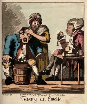 view A doctor waiting for his patient to vomit after administering an emetic. Coloured aquatint by G.M. Woodward, 1800.