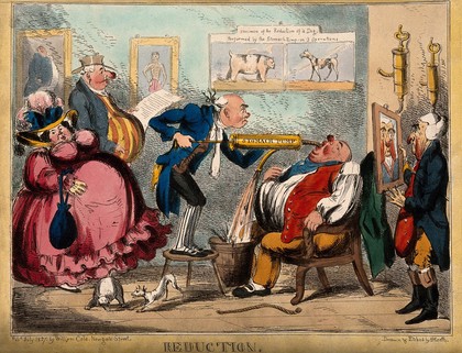 A doctor pumps the stomach of his obese seated patient while another couple wait, one who has already undergone reduction examines his deflated countenance in a mirror. Coloured etching by H. Heath, 1827.