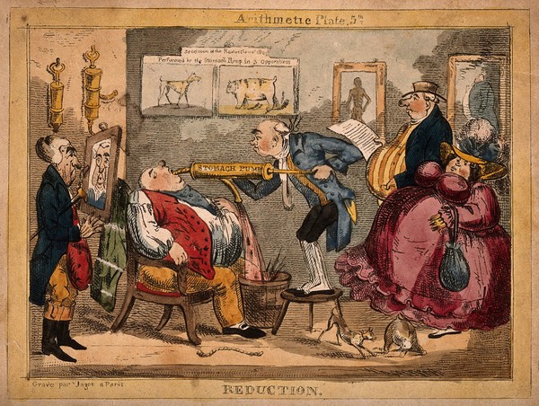 A doctor pumps the stomach of his obese seated patient while another couple wait, one who has already undergone reduction examines his deflated countenance in a mirror. Coloured etching by J.P.M. Jazet after H. Heath.