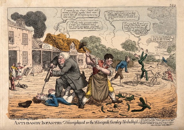 A veterinary surgeon and a blacksmith attacking dandies on velocipedes, in an attempt to preserve the use of horses as a means of transport, and therefore securing their own trades. Coloured etching by C. Williams, 1819.