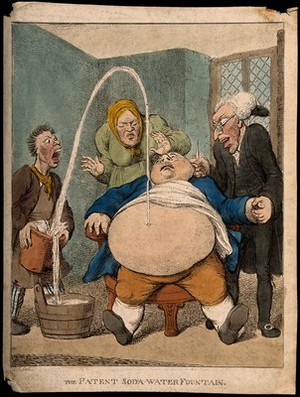 view A doctor performing a paracentesis on an obese man, whose abdomen is tapped ejecting a fountain into a bucket. Coloured etching by Ull.