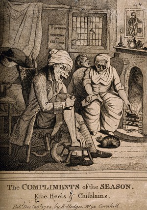 view A quack doctor treating her patient's chilblains. Engraving after H.B. Bunbury.