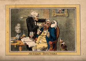 view An operator treating the carbuncled nose of an obese patient with "Perkins's tractors". Coloured reproduction of an aquatint after J. Gillray, 1801.