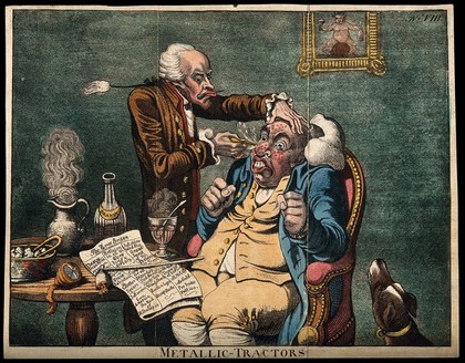 An operator treating the carbuncled nose of an obese patient with "Perkins's tractors". Coloured aquatint after J. Gillray, 1801.