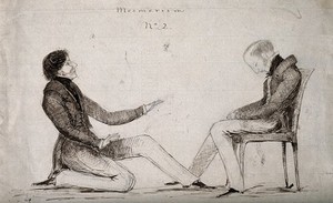 view Lt. Col. Ashburnham performing animal magnetism on Lt. Col. Forbes. Pen and ink drawing, 183-.