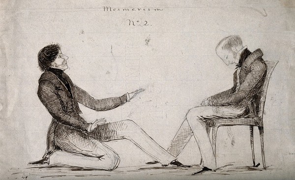 Lt. Col. Ashburnham performing animal magnetism on Lt. Col. Forbes. Pen and ink drawing, 183-.