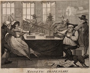 view Patients undergoing magnetic therapy. Etching by J. Barlow, 1790, after J. Collings.