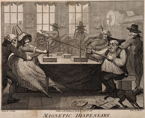Patients undergoing magnetic therapy. Etching by J. Barlow, 1790, after J. Collings.