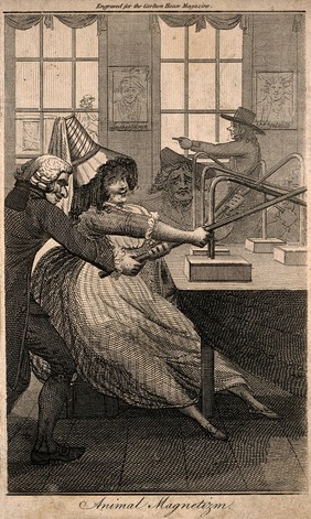 A quack doctor assisting a voluptuous female patient with group magnetic therapy. Etching by J. Barlow, c. 1792, after J. Collings.