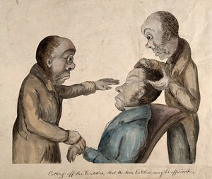 view Franz Joseph Gall and Johann Caspar Spurzheim examining a patient. Watercolour painting.