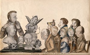 view Johann Caspar Spurzheim giving a phrenological demonstration before Franz Joseph Gall and another seven people; a grinning devil looks on. Watercolour painting.