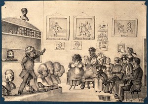 view George Combe lecturing on phrenology to a mixed audience in his Edinburgh home?; presented as a monkey with a phrenological head. Lithograph.