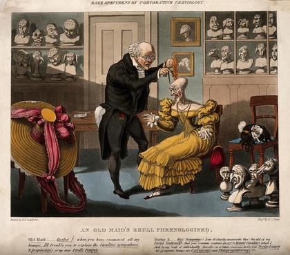 Franz Joseph Gall measuring the head of a bald, elegantly dressed old lady; her pet poodle is entwined in her wig on a chair. Coloured aquatint by F.C. Hunt after E.F. Lambert, ca. 1823.