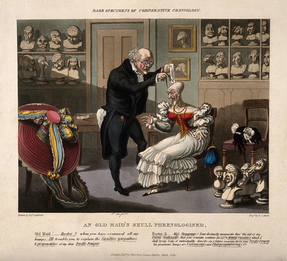 Franz Joseph Gall measuring the head of a bald, elegantly dressed old lady; her pet poodle is entwined in her wig on a chair. Coloured aquatint by F.C. Hunt after E.F. Lambert, ca. 1823.