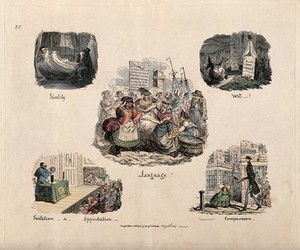 view Phrenological propensities: language, ideality, wit, imitation and approbation, comparison; illustrated by foul-mouthed fishwives, a man imagining ghosts, a woman tricked in a churchyard, Mathews mimicking a phrenologist's lecture, a tall thin man passing a short fat woman. Coloured etching by G. Cruikshank, 1826, after himself.
