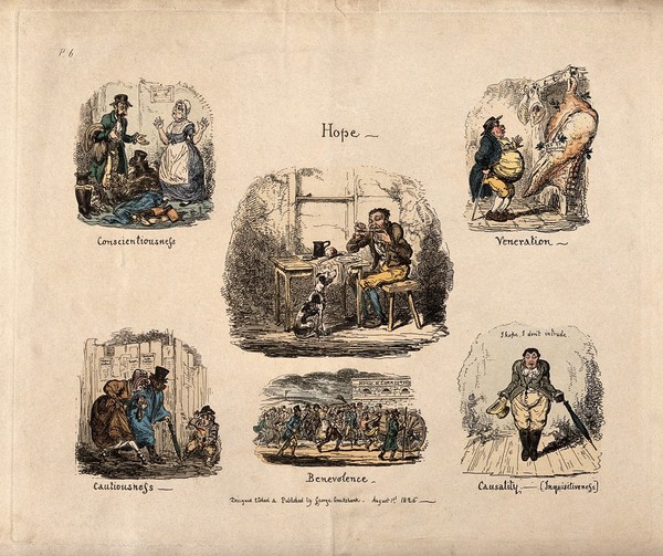 Six vignettes illustrating phrenological propensities: hope, conscientiousness, veneration, cautiousness, benevolence, causality; illustrated by a dog anxious for scraps, a maid attempting a good price for her masters old clothes, an obese gourmand eying an enormous side of beef, a prim couple crossing a muddy road, a man being flogged, Liston acting the part of Paul Pry. Coloured etching by G. Cruikshank, 1826, after himself.
