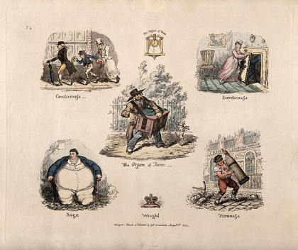 Seven vignettes illustrating phrenological propensities: tune, covetiveness, secretiveness, size, firmness, time, weight; illustrated by an organ-grinder, a pick-pocket, an adulterer, the huge Daniel Lambert, a pavior with his rammer, a winged clock, a crown on a cushion. Coloured etching by G. Cruikshank, 1826, after himself.