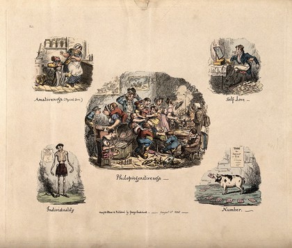 Phrenological propensities: philoprogenitiveness, amativeness, self-love, individuality, number; illustrated by a huge and happy family, an apothecary making advances on his maidservant, a dandy admiring his reflection, Seurat the human skeleton, Toby the learned pig. Coloured etching by G. Cruikshank, 1826, after himself.