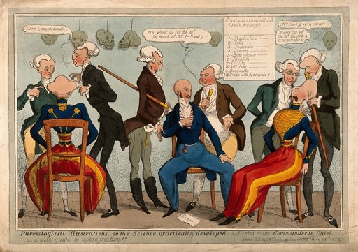 William Battier and two officers of the Tenth Hussars having their heads examined by six phrenological practitioners. Coloured etching by L. Marks, 1824.