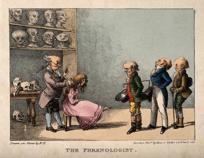 Franz Joseph Gall examining the head of a pretty girl, while three gentlemen wait in line. Coloured lithograph by E.H., 1825.