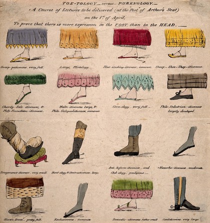 Sixteen feet in profile, of women and men: a parody of phrenology. Coloured etching.