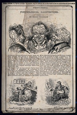 Three vignettes of phrenological heads and two phrenological propensities, amativeness and self love. Wood engraving by Dellagana after G. Cruikshank.