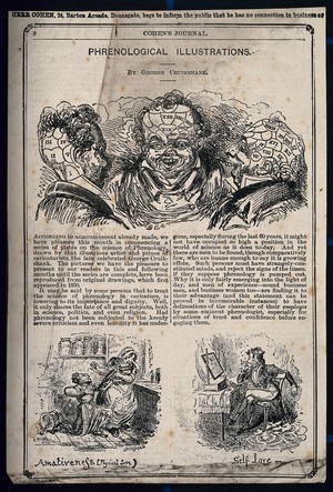 view Three vignettes of phrenological heads and two phrenological propensities, amativeness and self love. Wood engraving by Dellagana after G. Cruikshank.