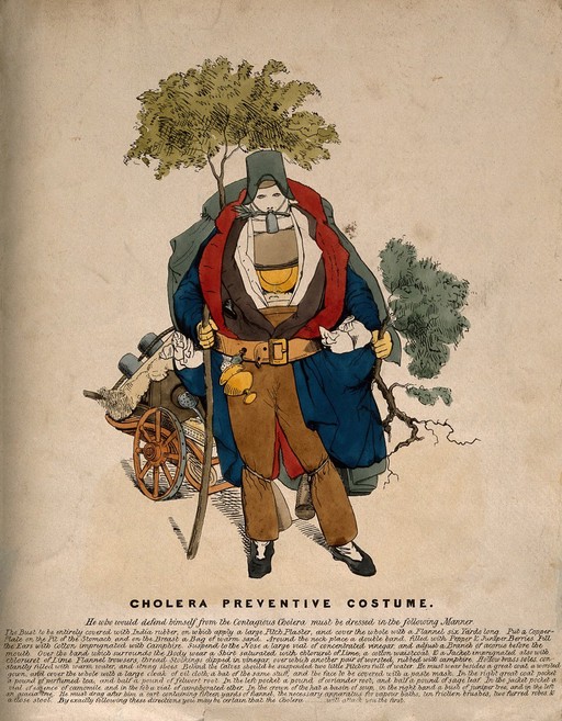 A figure dressed in a cholera safety suit. Coloured etching. English, after a German or French original of 1832.
