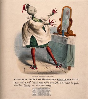 A person discovering that they have been transformed into several kinds of vegetables the morning after taking J. Morison's vegetable pills. Coloured lithograph.