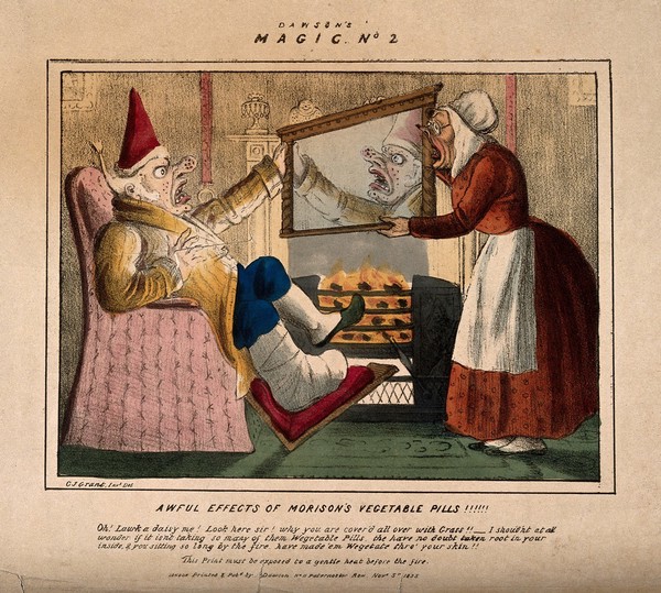 A horrified gouty man discovering grass is growing out of his skin, as a result of taking J. Morison's vegetable pills. Coloured lithograph by C.J. Grant, 1835.