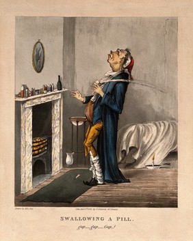 An elderly man throwing his head back to swallow some pills and in the process tossing water all over himself. Coloured aquatint after M. Egerton, 1827.