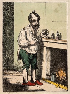 A man standing by a fire place, pulling a peculiar face after taking some medicine. Coloured lithograph after J. Gillray.