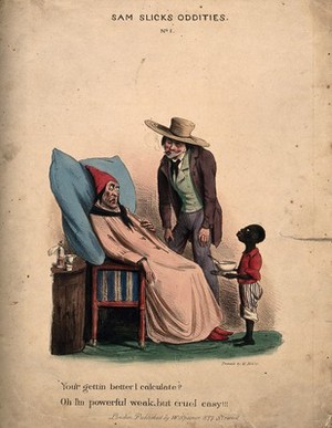 view An ill man being visited by a suspicious looking man. Coloured lithograph.