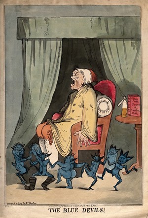 view A man suffering from attack by blue devils; representing depression or mental illness. Coloured etching R. Newton, 1795, after himself.