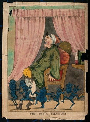 view A man suffering from attack by blue devils; representing depression or mental illness. Coloured etching after R. Newton, 1795.