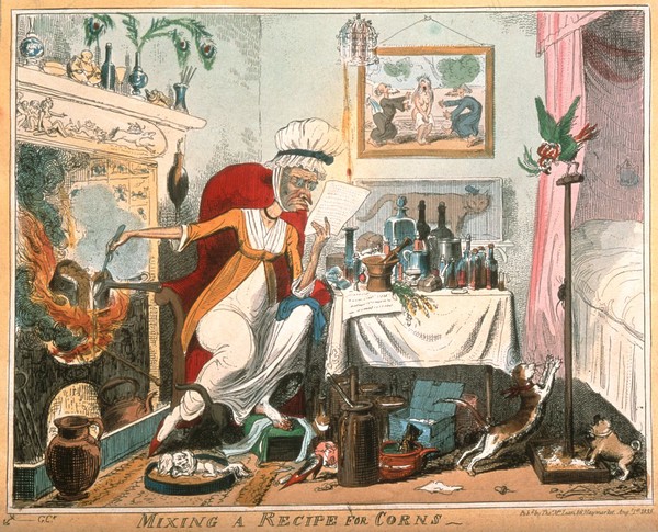 A haggard old woman carelessly mixing a recipe for corns on the fire in her sordid bedroom. Etching by G. Cruikshank, 1819, after Captain F. Marryat.