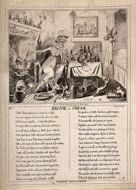 A haggard old woman carelessly mixing a recipe for corns on the fire in her sordid bedroom. Etching by G. Cruikshank, 1819, after Captain F. Marryat.