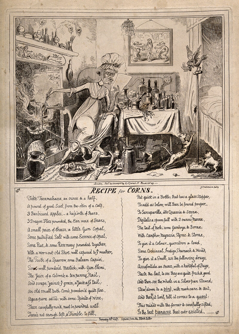 A haggard old woman carelessly mixing a recipe for corns on the fire in her sordid bedroom. Etching by G. Cruikshank, 1819, after Captain F. Marryat., 1 August 1835, by Frederick Marryat
