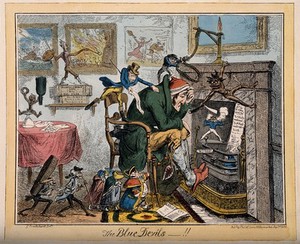 view An ill man next to his empty hearth tormented by the miseries of life; presented surrounded by assorted chastising demons. Coloured etching by G. Cruikshank, 1835.