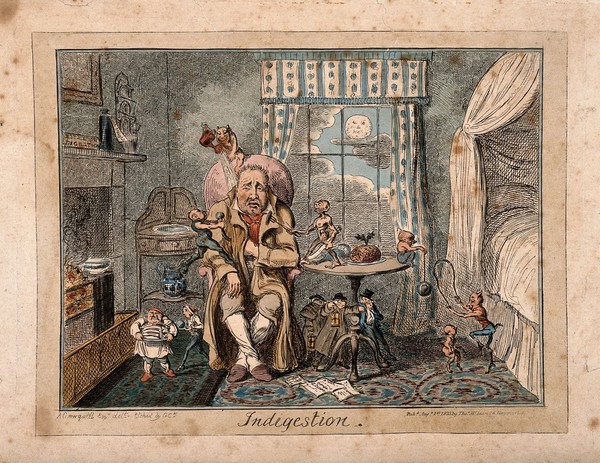 A man suffering from indigestion; suggested by little characters and demons tormenting him. Coloured etching by G. Cruikshank, 1835, after A. Crowquill.