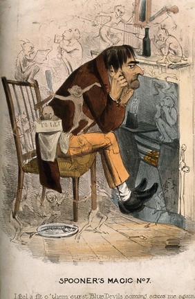 A wretched man with an approaching depression; represented by encroaching little devils. Coloured lithograph, 183-.