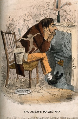 view A wretched man with an approaching depression; represented by encroaching little devils. Coloured lithograph, 183-.