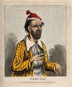 view An ill man pulling a grotesque face and holding a cup. Coloured aquatint.