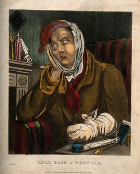 An invalid with bandaged arm and head. Coloured aquatint.