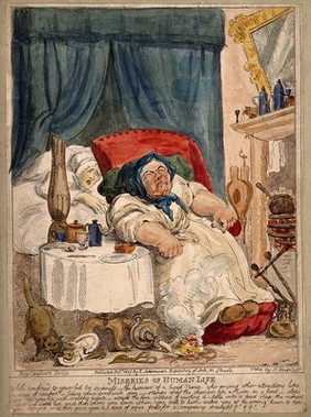 A convalescing woman trying in vain to rouse her slumbering hired nurse: the cat scavenges her food and the candle sets light to the carpet. Coloured etching by N. Heideloff, 1807, after T. Rowlandson.