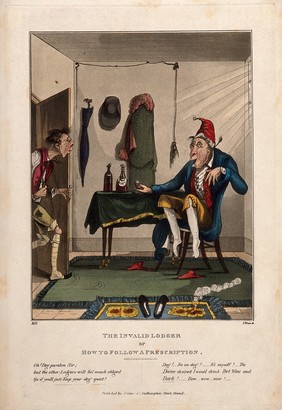 A man barking and drinking port, following a doctor's orders. Coloured aquatint by I. Wilson after M. Egerton, 182-..