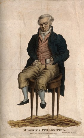 An elderly wretched man with a deformed hand, sitting on a table accidentally pouring a drink over himself. Coloured stipple engraving by E. Scriven, 1807, after J. Beresford.